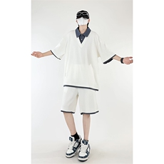 夏季宽松衬衫领假两件短袖T恤套装潮短裤XZ808B-WH071-特P55控98，男装牛仔裤，星座808B