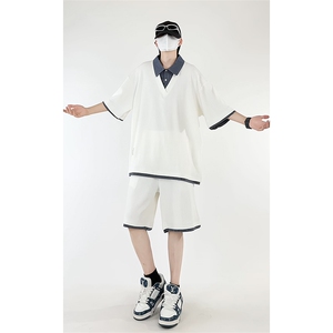 夏季宽松衬衫领假两件短袖T恤套装潮短裤XZ808B-WH071-特P55控98图片