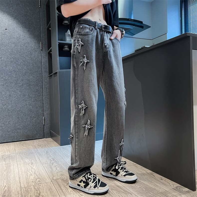 新款牛仔裤男女宽松直筒阔腿裤潮牌美式高街vibe长裤子N2218-p45,男装牛仔裤,星座1008