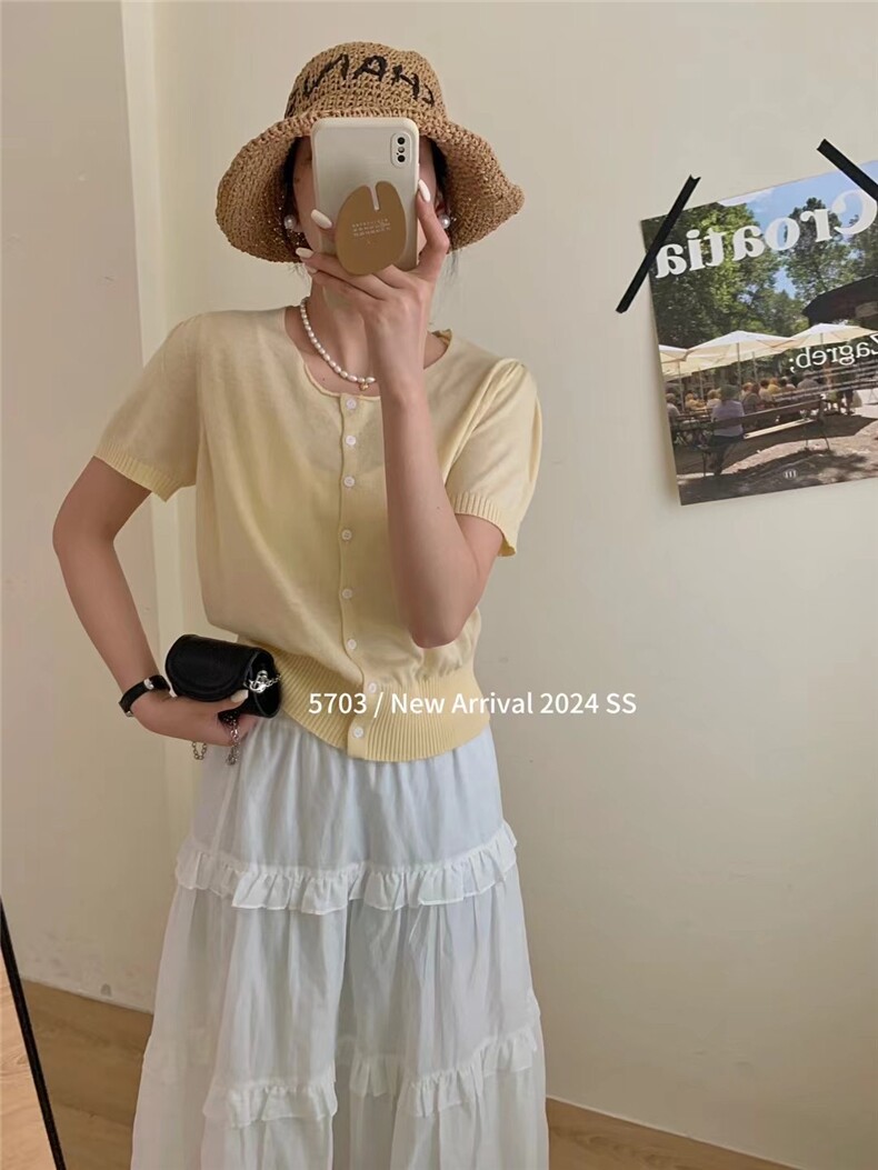 简约小清新针织圆领薄款短袖女夏季新款针织衫,针织衫/毛衣,圣旺供货