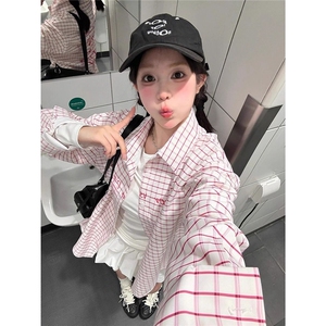 潮牌粉色格子POLO领防晒衬衫女春夏开衫设计感修身显瘦百搭衬衣图片