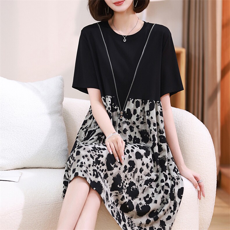 时尚显瘦拼接印花连衣裙夏季新款宽松大码女装裙子,女装连衣裙,梦芯尔