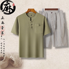 长期货主推夏装男士风亚麻短袖套装中老年爸爸装亚麻盘扣套装，男装休闲套装，钱塘723