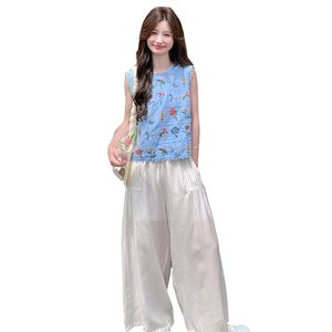 碎花蓝色刺绣无袖衬衫阔腿裤套装女夏两件套巨好看流行小众不撞款图片