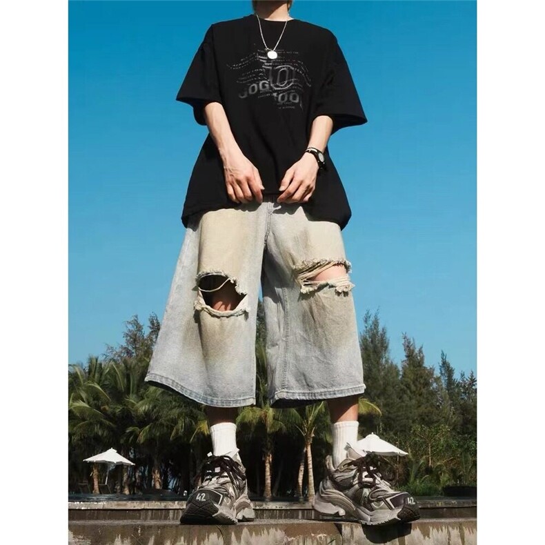夏季新款百搭美式复古破洞废土蓝牛仔七分裤纽扣款NA634,男装牛仔裤,星座1116A（原606A-3）