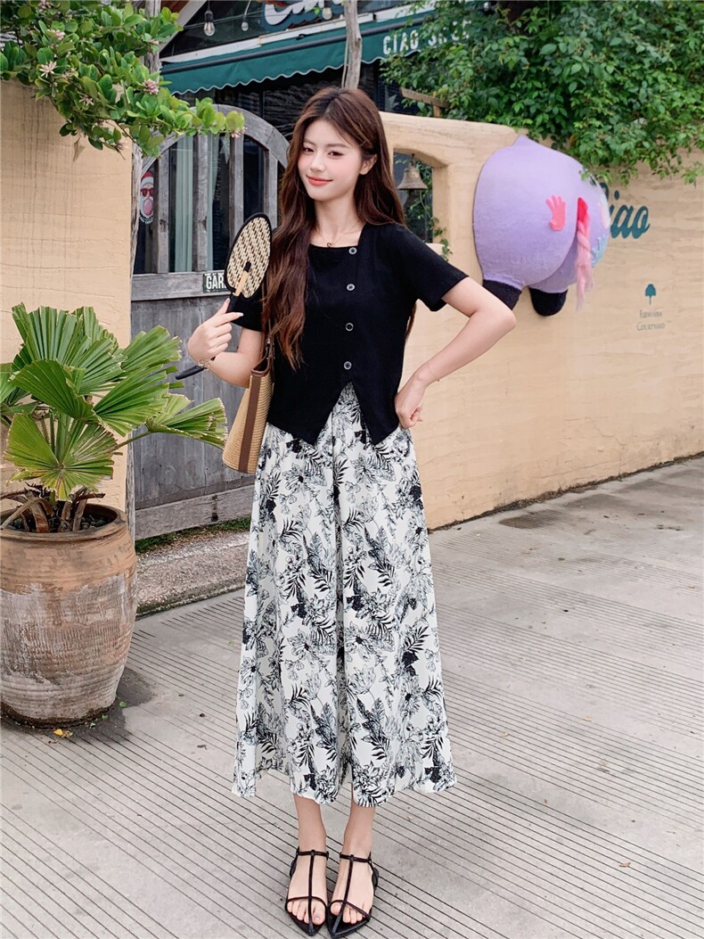 气质水墨印花套装女夏装不规则方领T恤短袖半身裙子两件套潮,女装套装/套裙,艾米莉亚