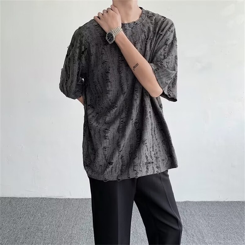 2023港风文艺短袖男夏季宽松潮流五分袖T恤复古百搭,男装T恤,星座716-4