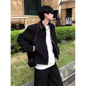 cleanfit黑色垫肩外套男款秋季短款铆钉夹克潮牌痞帅炸街男装上衣图片