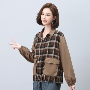时尚格子拼接长袖衬衫女宽松显瘦百搭休闲上衣秋装新款韩版衬衣图片