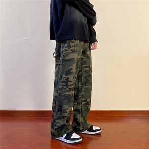 秋季青春流行水洗时尚潮宽松直筒潮流长裤拉链迷彩牛仔裤N7038P45图片