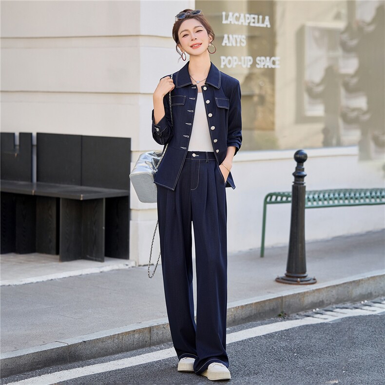 （新款现货）2026春装时尚收腰显瘦天丝牛仔阔腿腰带套装两件套,女装套装/套裙,印象茜