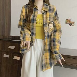 1506/Q81130/P36潮流新款复古黄色格子衬衫小个子休闲百搭上衣潮图片