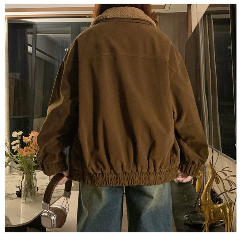CC688-P115美拉德系羊羔毛翻领麂皮夹棉外套美式复古宽松显瘦棉服,女装棉衣/棉服,星座1611A