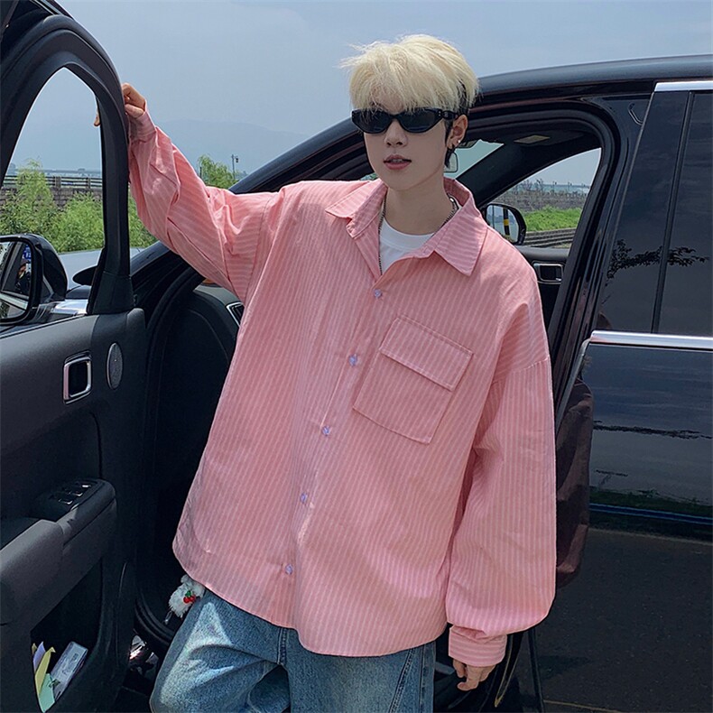 衬衫男秋季新款港风宽松大码立体口袋纯棉条纹长袖衬衣CS3099-P42，男装衬衫，星座214-3