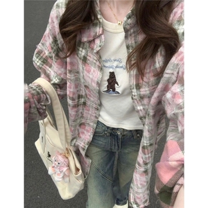 防晒粉色撞色艺术感格子衬衫外套女秋季小众开衫衬衣 CV385图片