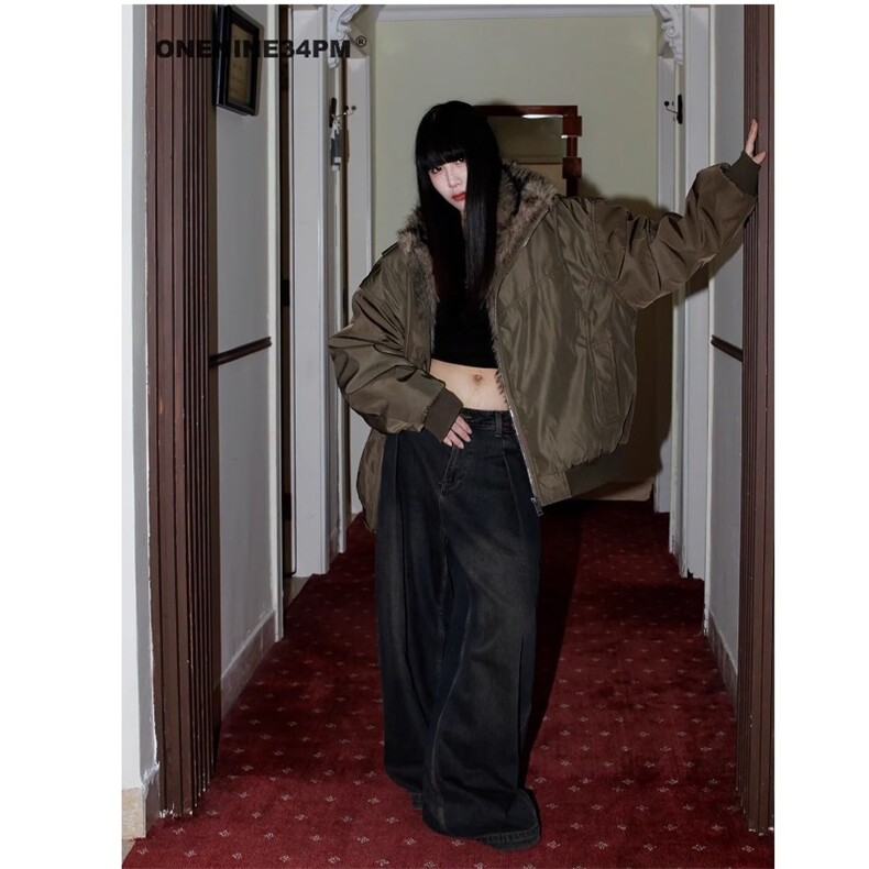 M78-P91冬季日系复古美拉德咖啡色竖条纹棉衣外套男女中性风,男装棉衣,电商B323A