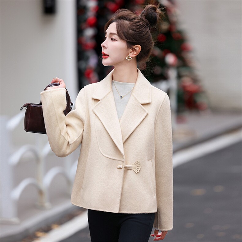 新中式guo风纯色双面呢大衣短款女2024新款小个子零羊绒毛呢外套,女装双面呢大衣,衣之秀