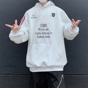 徽章拼接三条杠印花连帽卫衣男女秋冬美式复古潮牌情侣帽衫外套图片