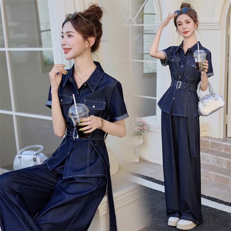 天丝牛仔套装女2026夏季新款减龄一整套穿搭短袖上衣阔腿裤两件套，女装套装/套裙，印象茜