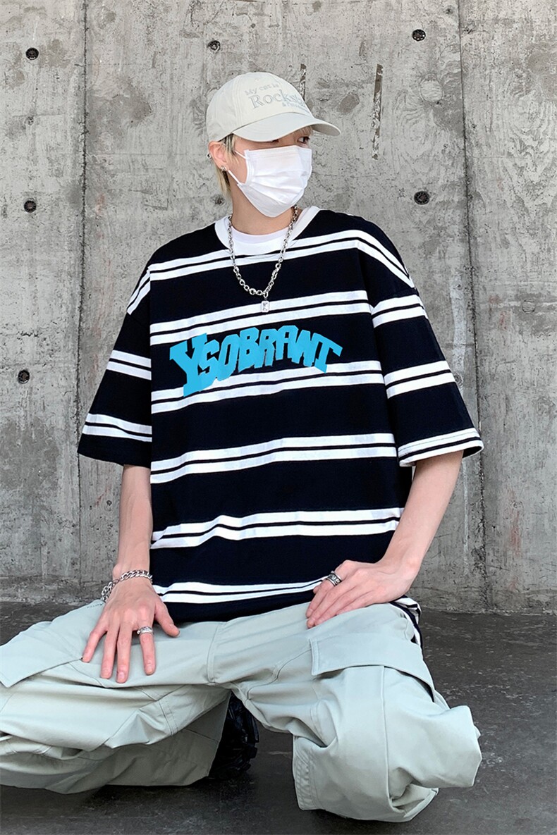 B239-1269-P48横条纹美式复古字母印花夏季重磅落肩袖短袖t恤,男装T恤,星座514-2(原B239)