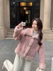 现货好数据25冬装短款月牙皮袢牛角扣皮毛一体182A-8587P185K268，女装皮草，浙宝182A