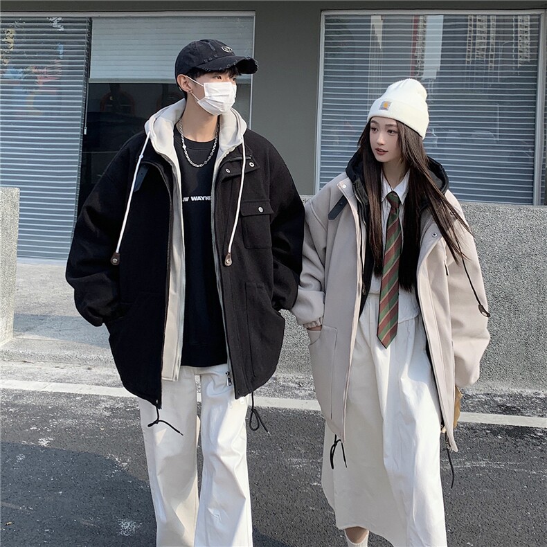 EQ158情侣装冬季毛呢外套2024新款纯色连帽加厚呢子大衣男女同款,女装毛呢外套,电商C306-1
