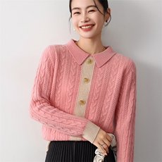 秋冬季新款舒适显瘦时尚百搭POLO领单排扣羊毛衫，女装羊毛衫，琳尚羊绒