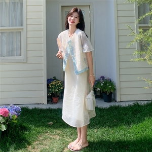 米白色提花刺绣连衣裙马甲两件套女夏巨好看高级感新中式国风套装图片