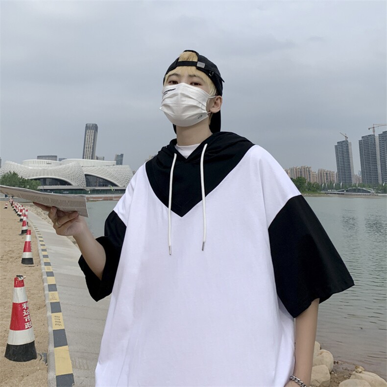 2024夏季新款男短袖T恤连帽潮流宽松拼接中袖情侣休闲百搭上衣,男装T恤,星座1013