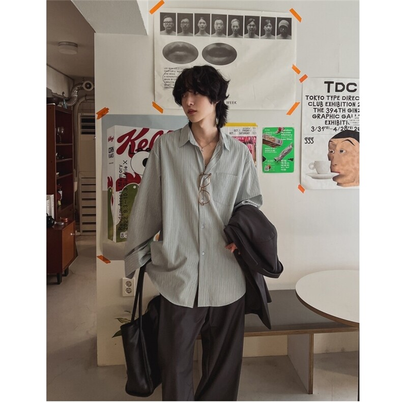 条纹休闲衬衫男春季宽松长袖衬衣韩版潮流翻领上衣710-806P50，男装衬衫，星座710