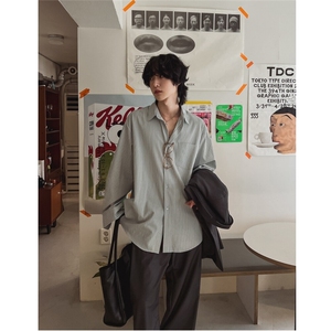 条纹休闲衬衫男春季宽松长袖衬衣韩版潮流翻领上衣710-806P50图片