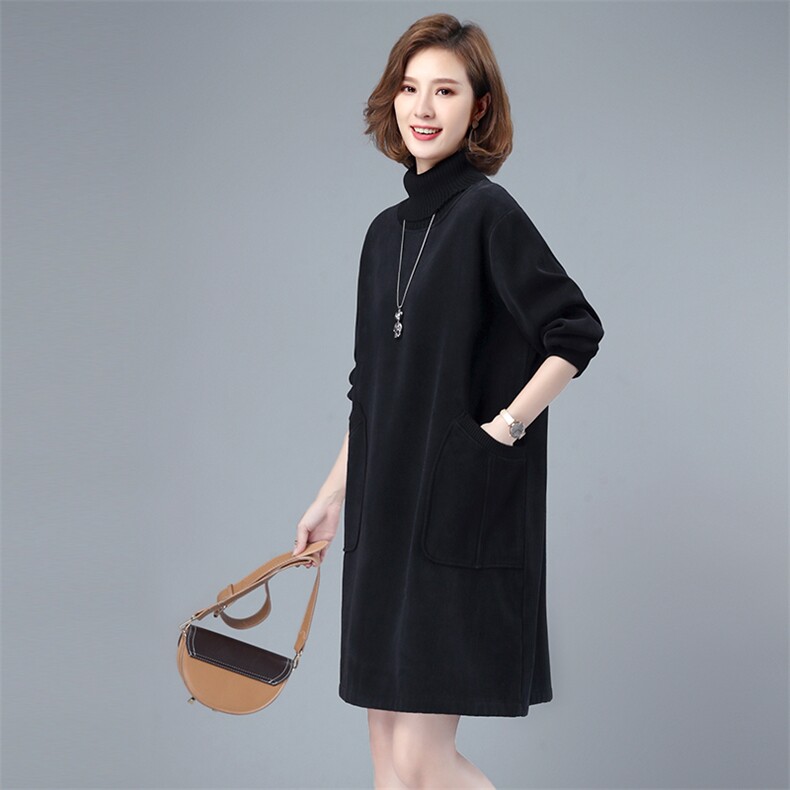 秋冬新款加绒连衣裙2023年宽松大码女装遮肚显瘦减龄高领打底长裙,女装连衣裙,悦见她
