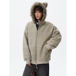1506/QYRJM60340/P102美式猫耳朵连帽棉衣重磅座山雕条纹棉服图片