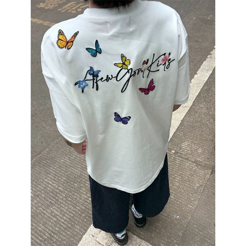 M658-P35现货# 前后刺绣 螺纹领包边拉肩短袖T恤图片