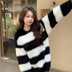 新款中长款毛茸茸套头毛衣外套2024秋冬女慵懒条纹针织上衣，男装针织衫/毛衣，星座506A
