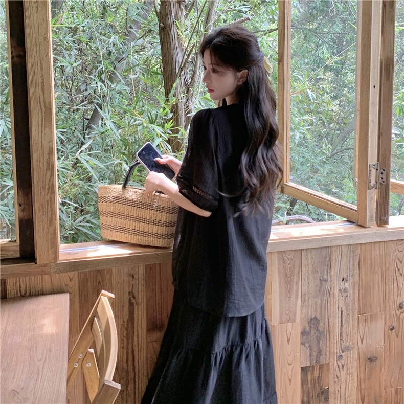 法式复古气质V领短袖衬衫套装夏新款设计感宽松显瘦半身裙两件套,女装套装/套裙,2C273