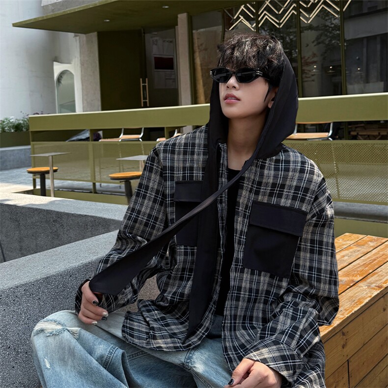 春夏新品原创小众设计感连帽系带长袖衬衫男士拼接格纹长袖衬衣潮，男装衬衫，电商B319