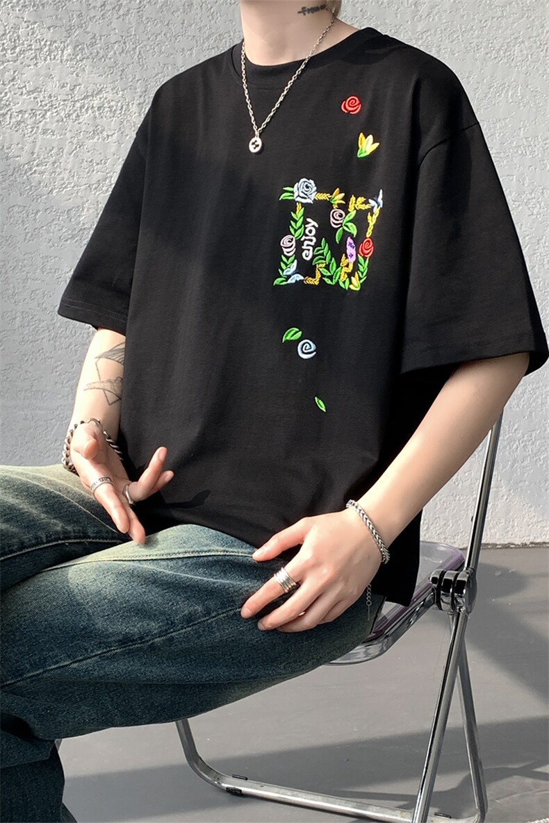 潮牌短袖T恤花绘刺绣设计感T恤美式复古条纹口袋短袖T恤半袖P48,男装T恤,电商B319
