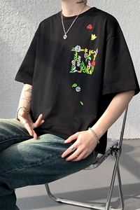 潮牌短袖T恤花绘刺绣设计感T恤美式复古条纹口袋短袖T恤半袖 P48图片