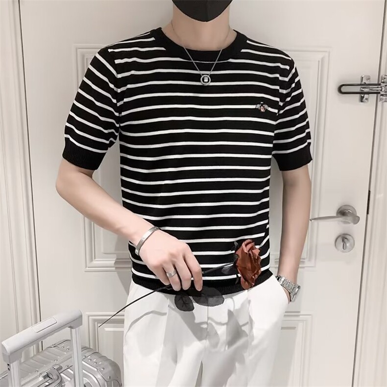 条纹短袖针织衫男春夏休闲线衣T恤男蜜蜂刺绣潮流半袖衣服男S247,男装T恤,星座1116A-2（原606A-1）