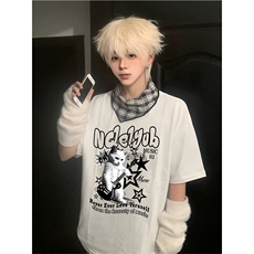 抖音得物供货210克现货宽松纯棉美式潮牌印花落肩袖纯棉T恤AT2142，男装T恤，电商A443