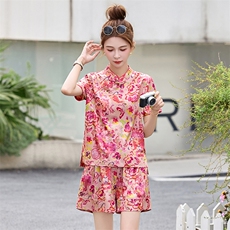 新中式国风印花套装女2025夏新款气质减龄复古盘扣上衣短裤两件套，女装套装/套裙，众宇琦