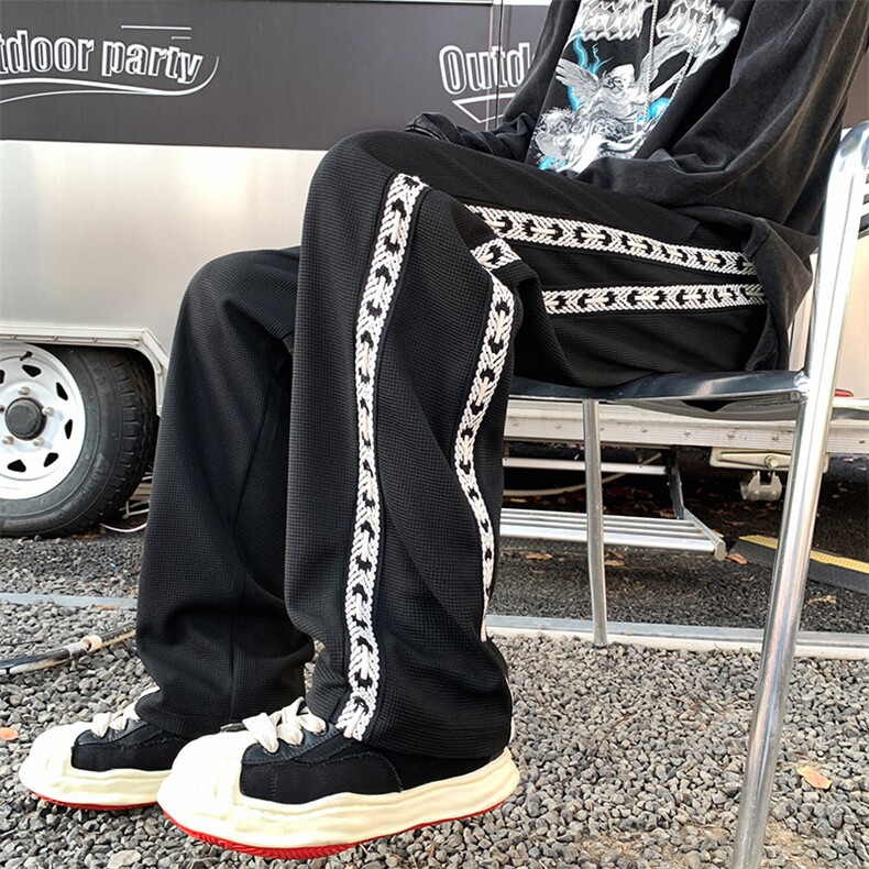 K3178-P48秋季港风华夫格中性男女情侣侧织带垂坠感拖地休闲卫裤，男装休闲裤，电商A009A（原A058A）