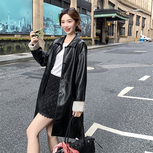 黑色韩里韩气ins风长款皮衣外套女2025秋季新款条纹拼接pu皮夹克图片