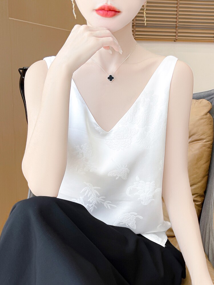 背心吊带女内夏季提花新款宽松缎面无袖外穿打底上衣,针织衫/毛衣,绒宛羊绒