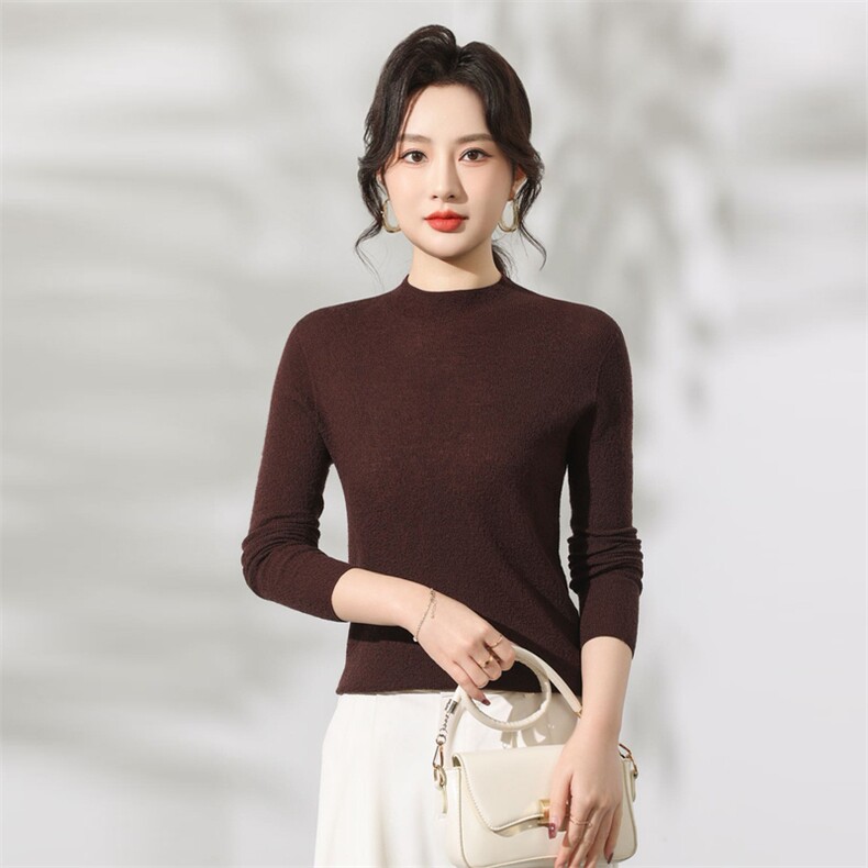 100%超细羊毛杨子纱肌理感树皮花扬子半高领长袖，女装针织衫/毛衣，优麦羊绒（原洪叶羊绒）