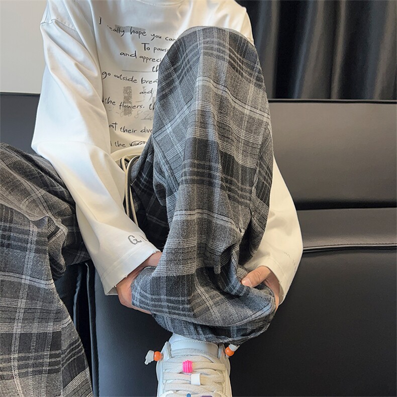 复古格子裤秋季褶皱伞兵休闲裤直筒拖地裤A486特P45控68,男装休闲裤,电商A309