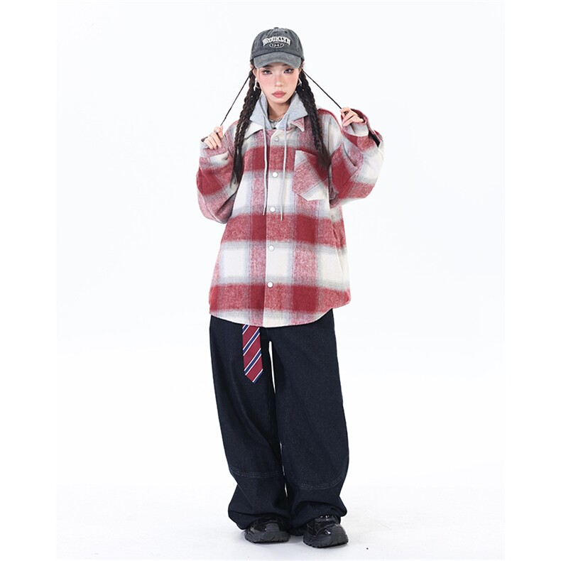 潮宽松连帽格子假两件情侣长袖外套XZ402-2-P78控98-JK2506大货足,女装短外套,星座402-2