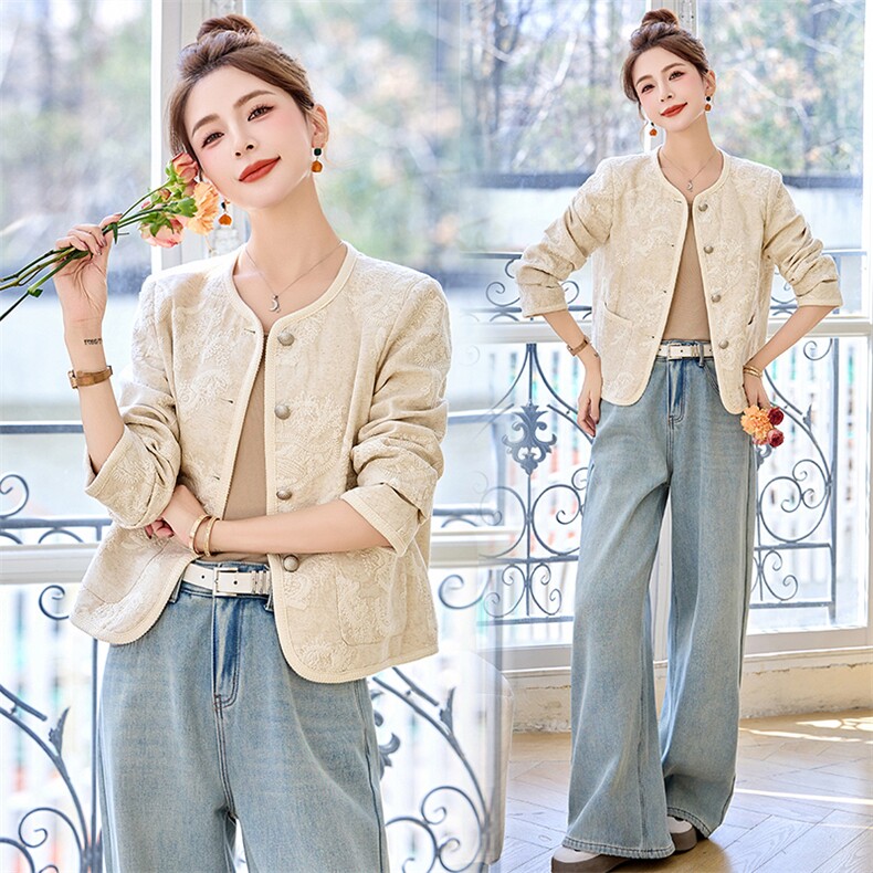 小香风气质新中式刺绣短外套女2026春秋新款百搭圆领西装开衫上衣，女装短外套，美沁