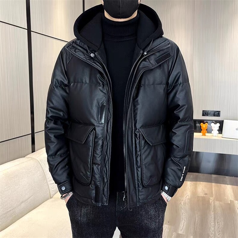 PU皮连帽羽绒服男防寒潮流男加厚保暖外套908-P195图片